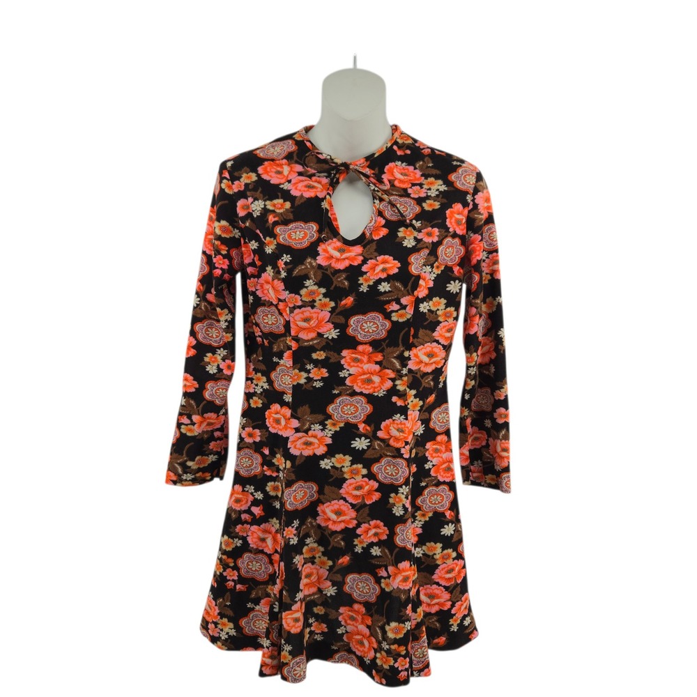 Vintage Staccato New York Floral Mini Dress Orange Black ILGWU Union Made Size 7